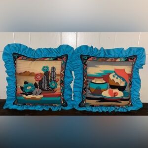 Set Of 2 VTG Southwest Geometric Quilted Square Throw Pillows Ruffled 18”